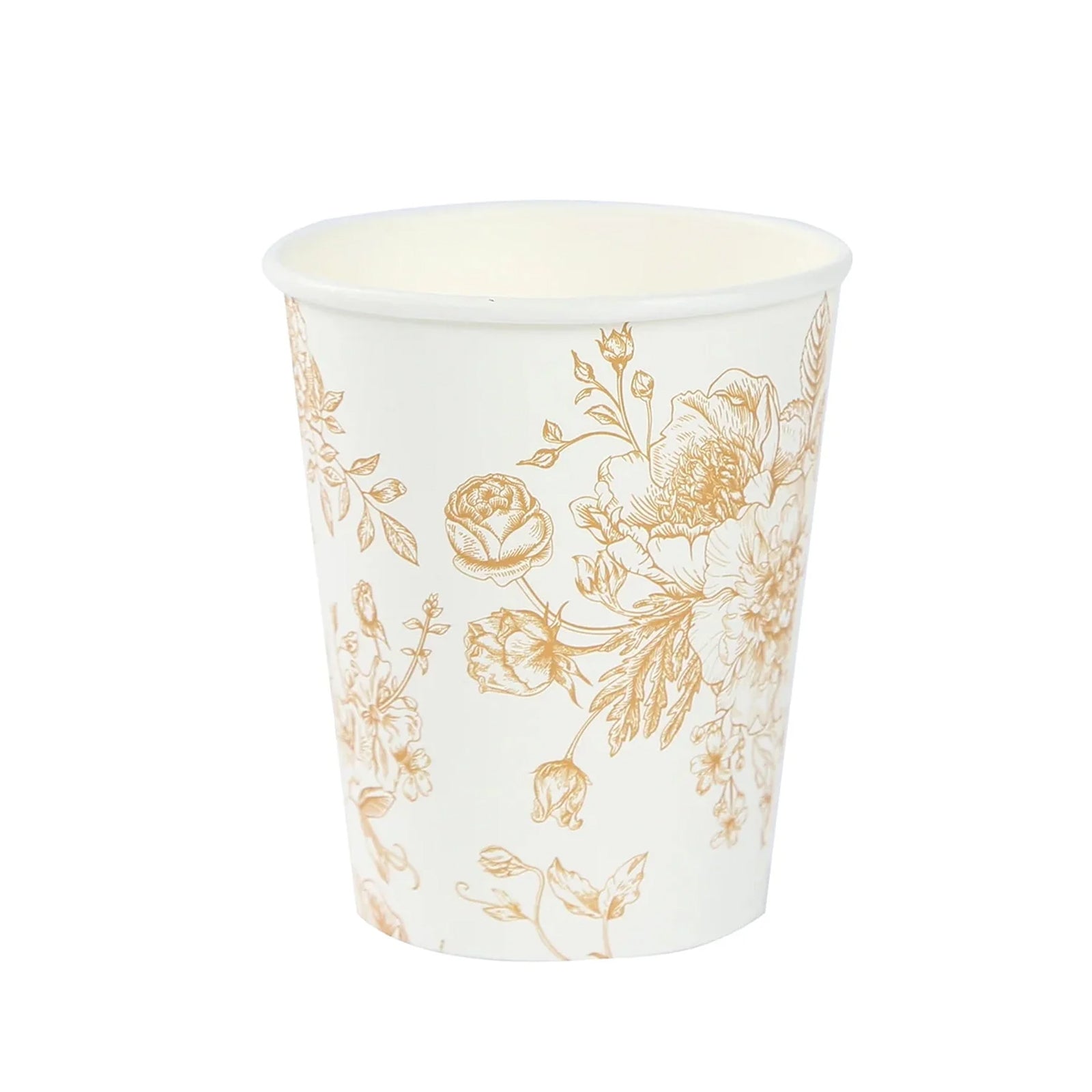 24 - Pack Paper Cups in White with Gold French Toile Print - Stylish Disposable Floral Party Cups for Weddings & All Purpose Use 9oz - Bell Racket Store