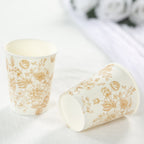 24 - Pack Paper Cups in White with Gold French Toile Print - Stylish Disposable Floral Party Cups for Weddings & All Purpose Use 9oz - Bell Racket Store