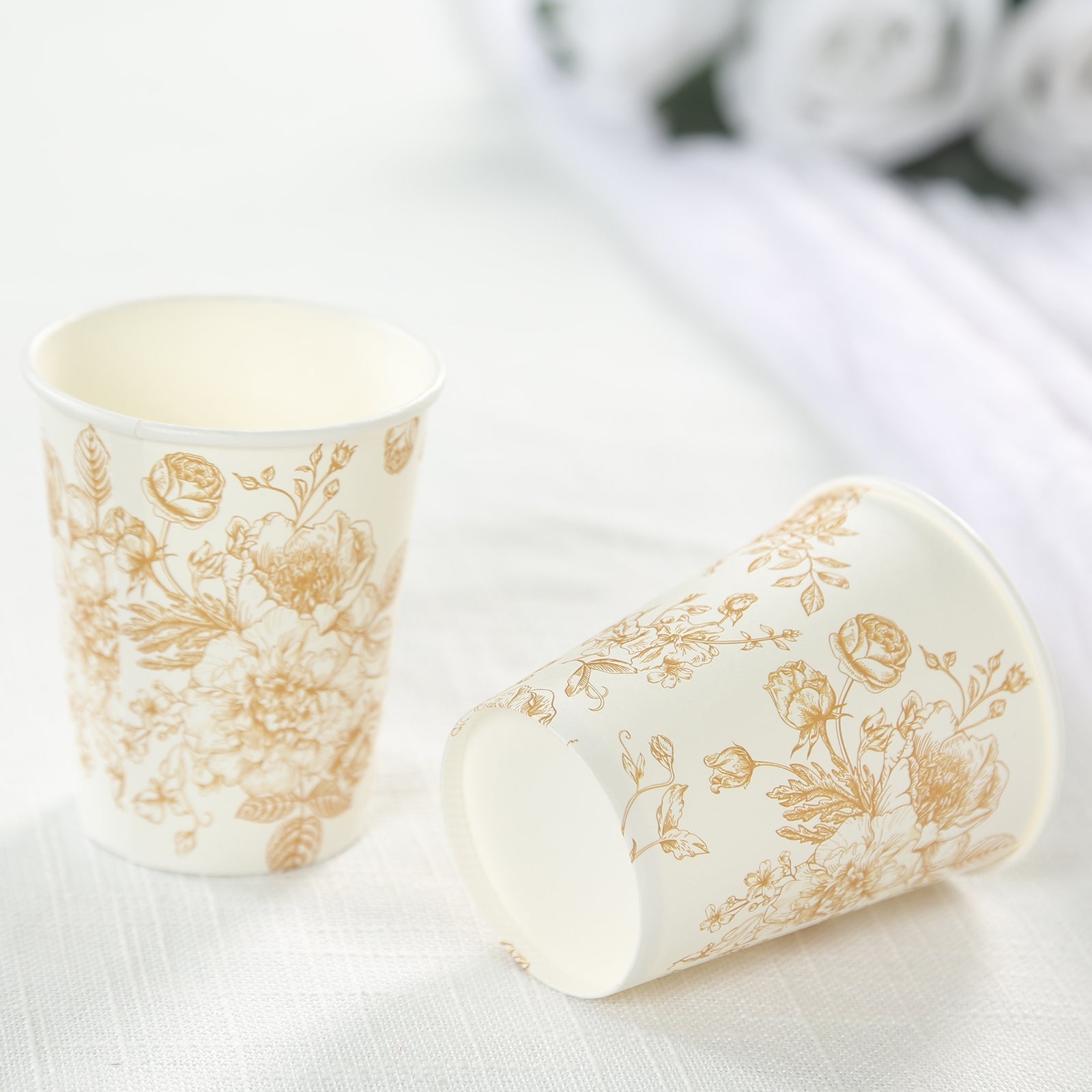 24 - Pack Paper Cups in White with Gold French Toile Print - Stylish Disposable Floral Party Cups for Weddings & All Purpose Use 9oz - Bell Racket Store