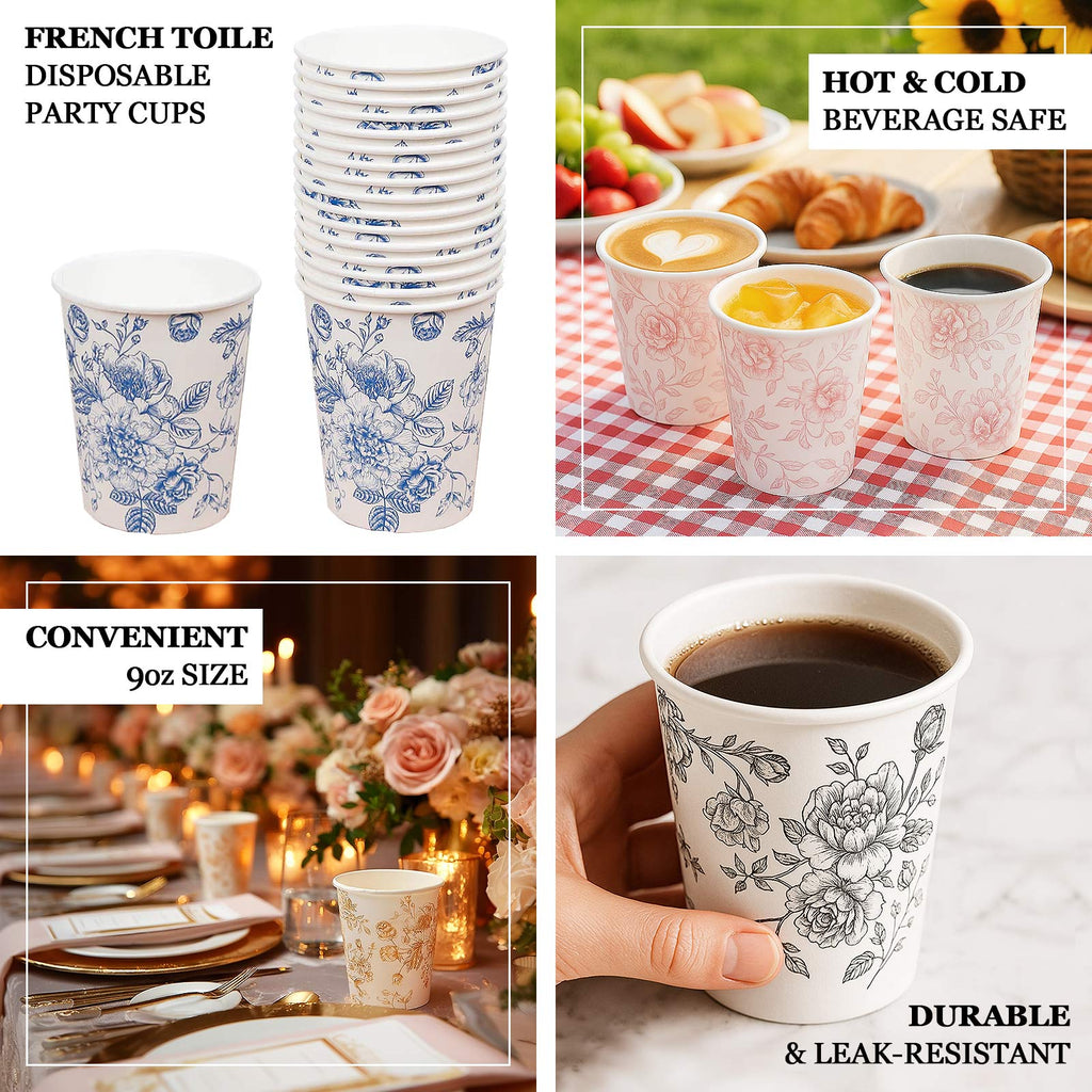 24 - Pack Paper Cups in White with Gold French Toile Print - Stylish Disposable Floral Party Cups for Weddings & All Purpose Use 9oz - Bell Racket Store