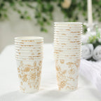 24 - Pack Paper Cups in White with Gold French Toile Print - Stylish Disposable Floral Party Cups for Weddings & All Purpose Use 9oz - Bell Racket Store