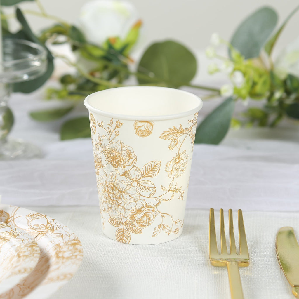 24 - Pack Paper Cups in White with Gold French Toile Print - Stylish Disposable Floral Party Cups for Weddings & All Purpose Use 9oz - Bell Racket Store