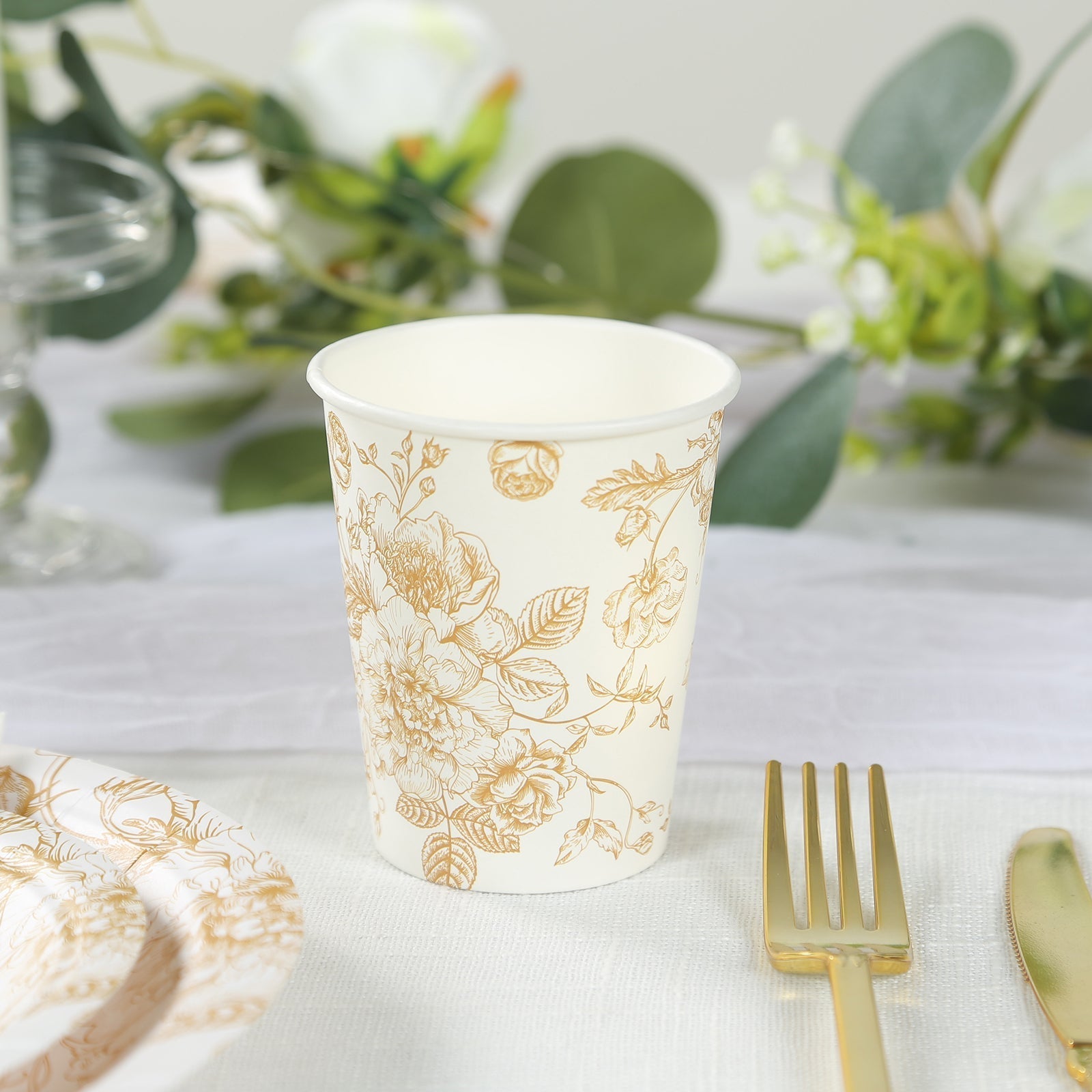 24 - Pack Paper Cups in White with Gold French Toile Print - Stylish Disposable Floral Party Cups for Weddings & All Purpose Use 9oz - Bell Racket Store