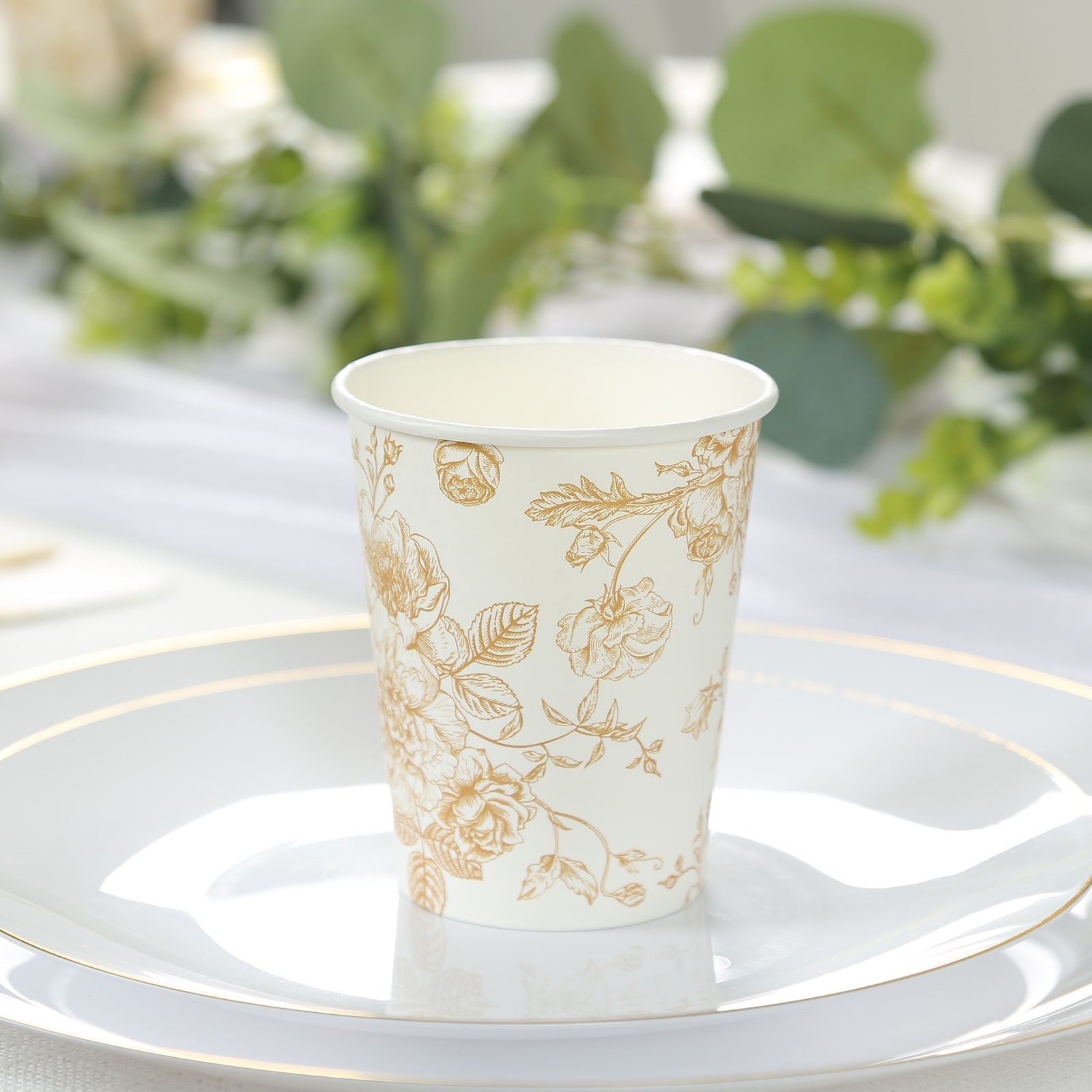 24 - Pack Paper Cups in White with Gold French Toile Print - Stylish Disposable Floral Party Cups for Weddings & All Purpose Use 9oz - Bell Racket Store