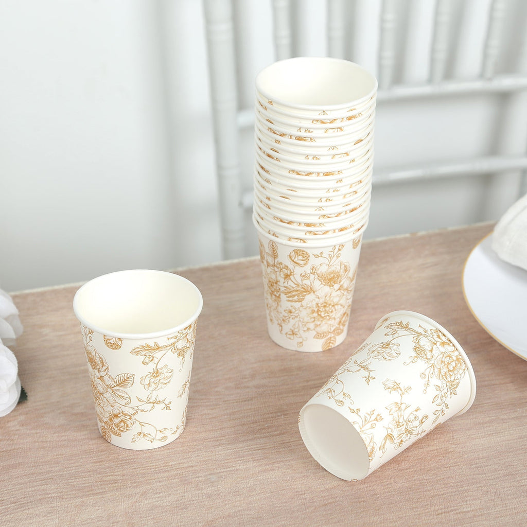 24 - Pack Paper Cups in White with Gold French Toile Print - Stylish Disposable Floral Party Cups for Weddings & All Purpose Use 9oz - Bell Racket Store
