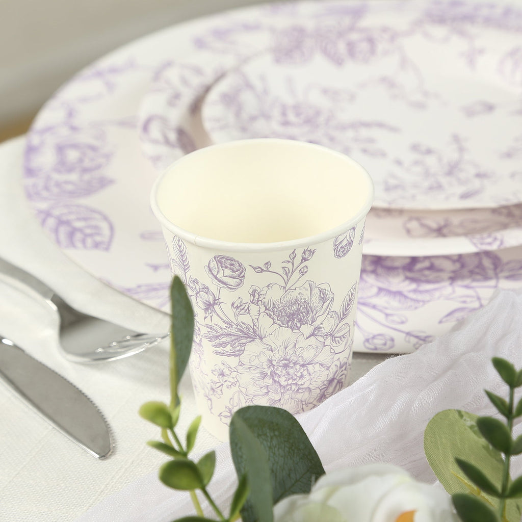 24 - Pack Paper Cups in White with Lavender Lilac French Toile Print - Stylish Disposable Floral Party Cups for Weddings & All Purpose Use 9oz - Bell Racket Store