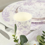 24 - Pack Paper Cups in White with Lavender Lilac French Toile Print - Stylish Disposable Floral Party Cups for Weddings & All Purpose Use 9oz - Bell Racket Store