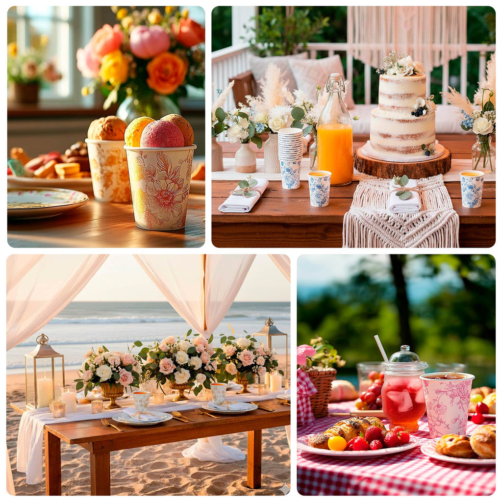 24 - Pack Paper Cups in White with Lavender Lilac French Toile Print - Stylish Disposable Floral Party Cups for Weddings & All Purpose Use 9oz - Bell Racket Store