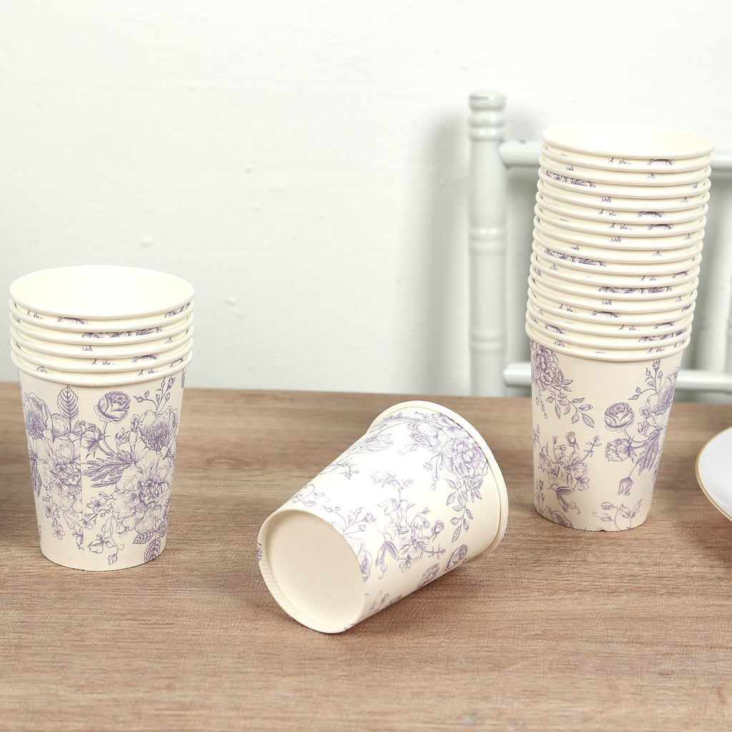 24 - Pack Paper Cups in White with Lavender Lilac French Toile Print - Stylish Disposable Floral Party Cups for Weddings & All Purpose Use 9oz - Bell Racket Store