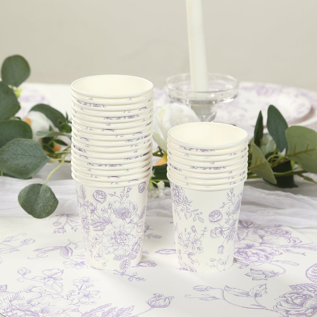 24 - Pack Paper Cups in White with Lavender Lilac French Toile Print - Stylish Disposable Floral Party Cups for Weddings & All Purpose Use 9oz - Bell Racket Store