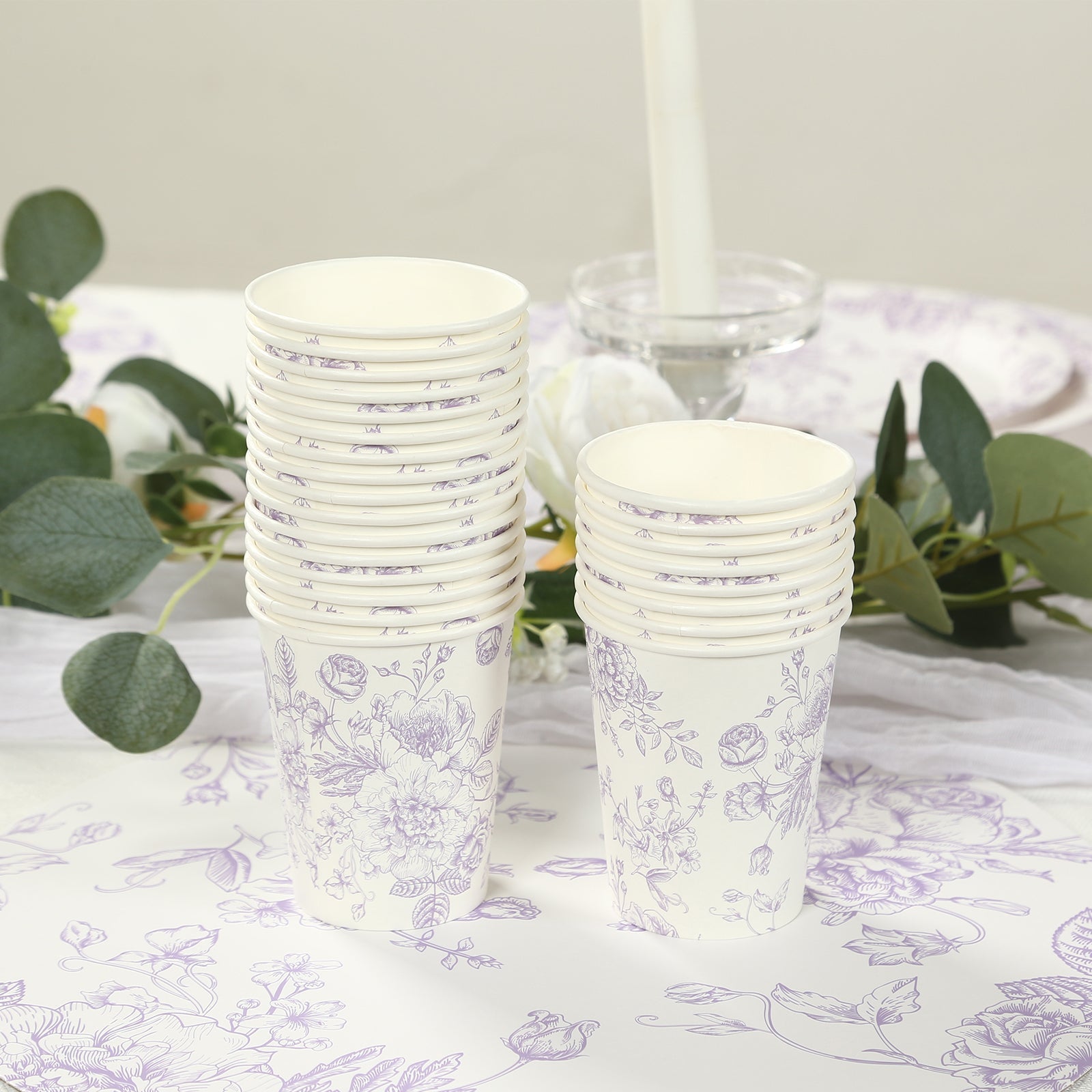 24 - Pack Paper Cups in White with Lavender Lilac French Toile Print - Stylish Disposable Floral Party Cups for Weddings & All Purpose Use 9oz - Bell Racket Store