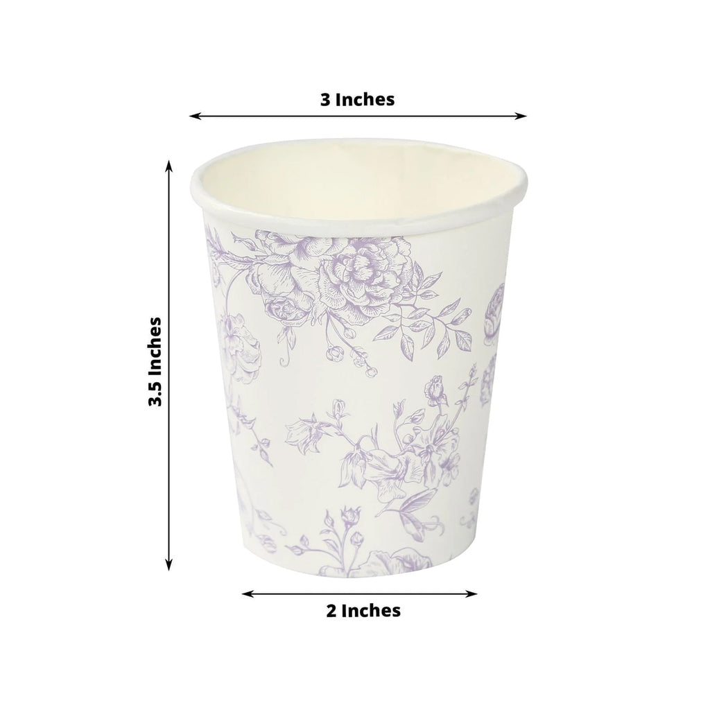 24 - Pack Paper Cups in White with Lavender Lilac French Toile Print - Stylish Disposable Floral Party Cups for Weddings & All Purpose Use 9oz - Bell Racket Store