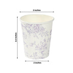 24 - Pack Paper Cups in White with Lavender Lilac French Toile Print - Stylish Disposable Floral Party Cups for Weddings & All Purpose Use 9oz - Bell Racket Store