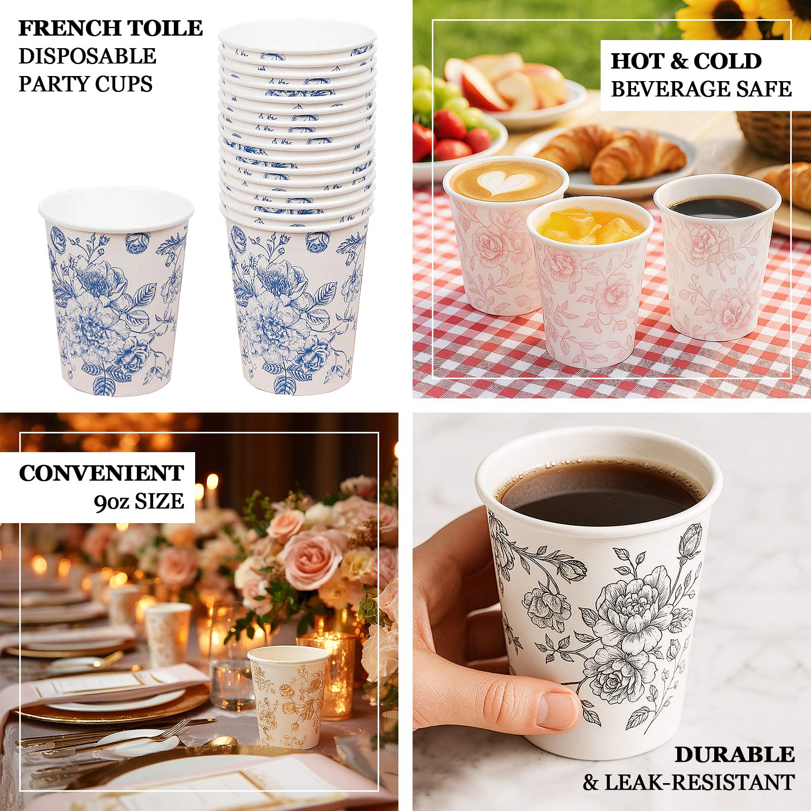 24 - Pack Paper Cups in White with Lavender Lilac French Toile Print - Stylish Disposable Floral Party Cups for Weddings & All Purpose Use 9oz - Bell Racket Store