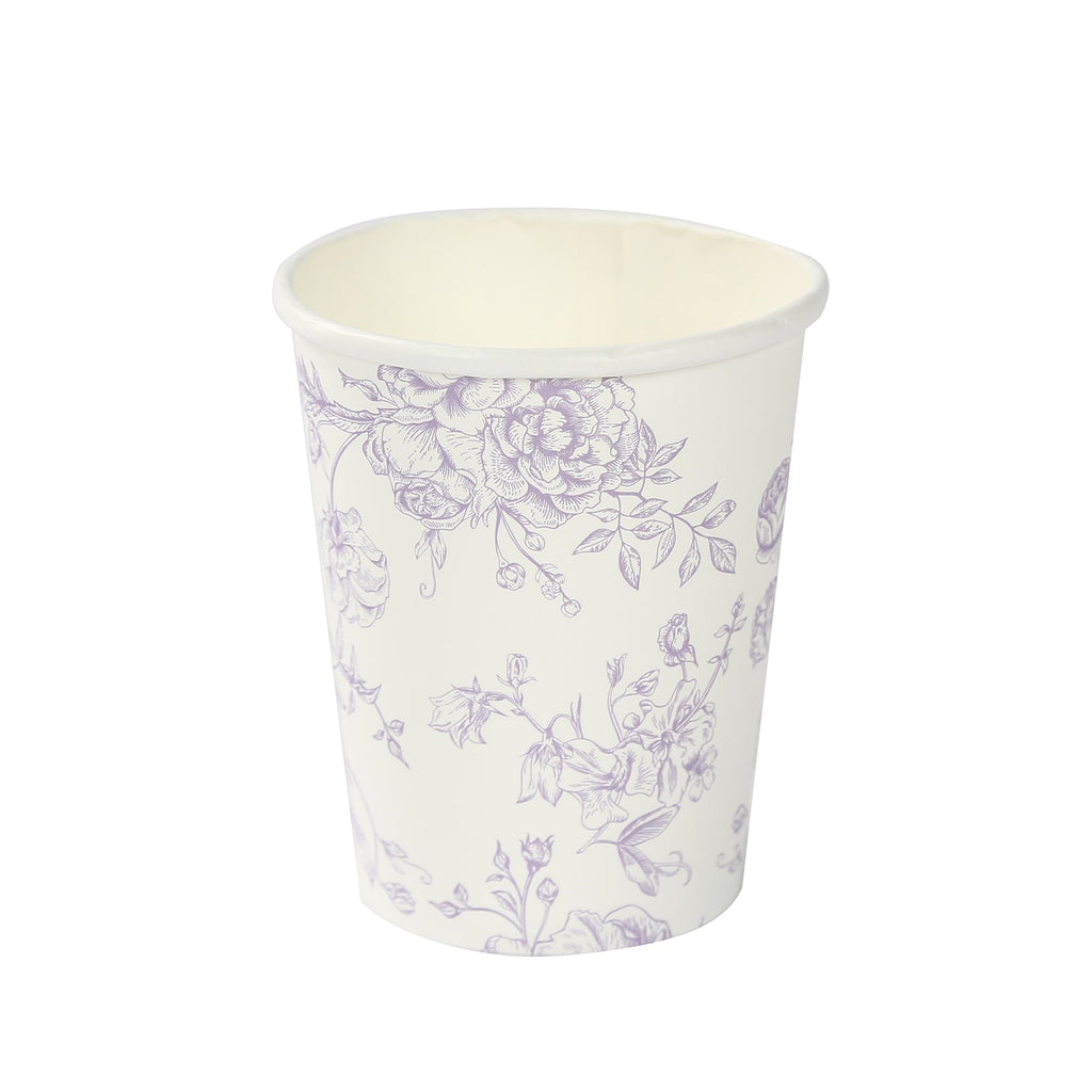 24 - Pack Paper Cups in White with Lavender Lilac French Toile Print - Stylish Disposable Floral Party Cups for Weddings & All Purpose Use 9oz - Bell Racket Store
