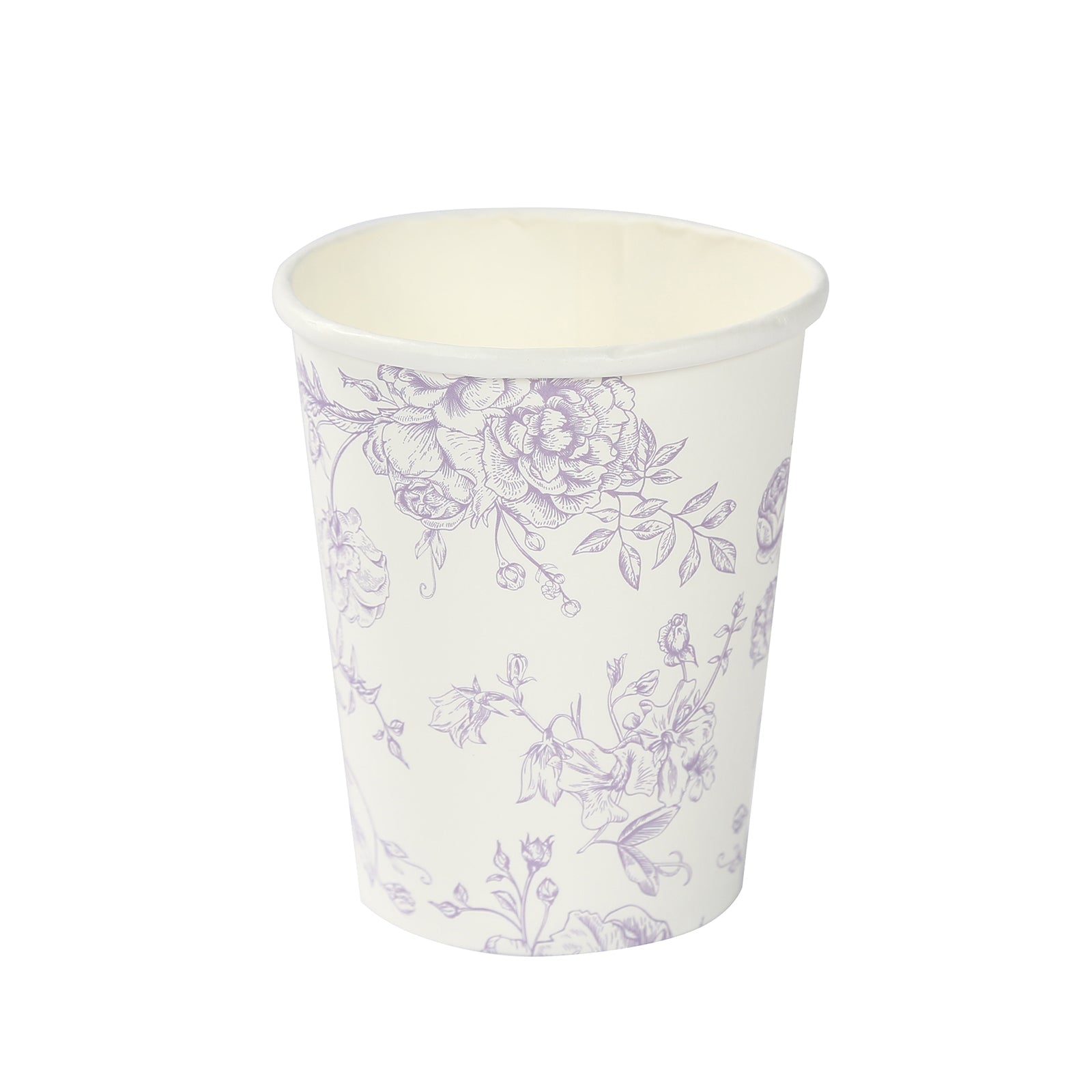 24 - Pack Paper Cups in White with Lavender Lilac French Toile Print - Stylish Disposable Floral Party Cups for Weddings & All Purpose Use 9oz - Bell Racket Store