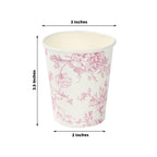 24 - Pack Paper Cups in White with Pink French Toile Print - Stylish Disposable Floral Party Cups for Weddings & All Purpose Use 9oz - Bell Racket Store