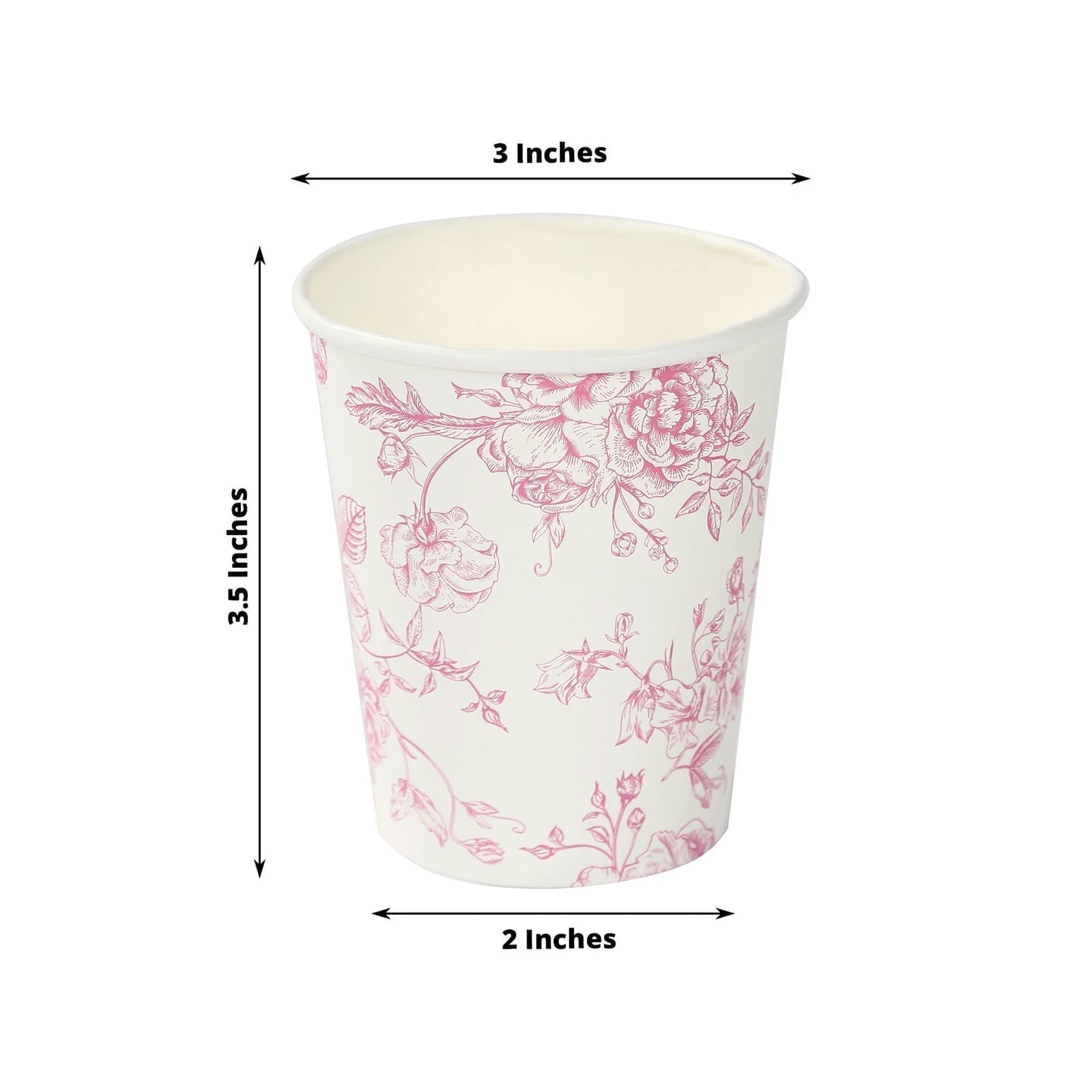 24 - Pack Paper Cups in White with Pink French Toile Print - Stylish Disposable Floral Party Cups for Weddings & All Purpose Use 9oz - Bell Racket Store