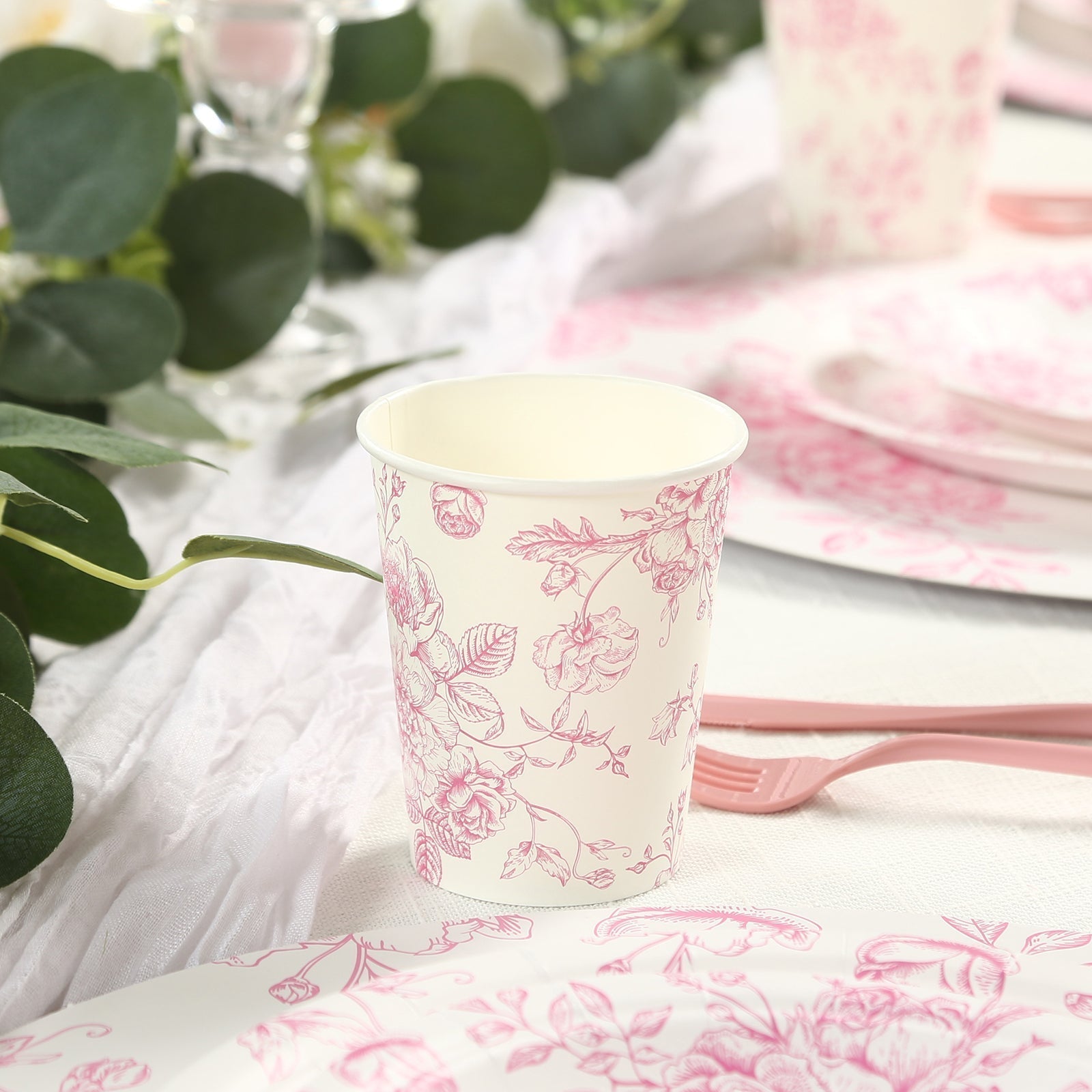 24 - Pack Paper Cups in White with Pink French Toile Print - Stylish Disposable Floral Party Cups for Weddings & All Purpose Use 9oz - Bell Racket Store