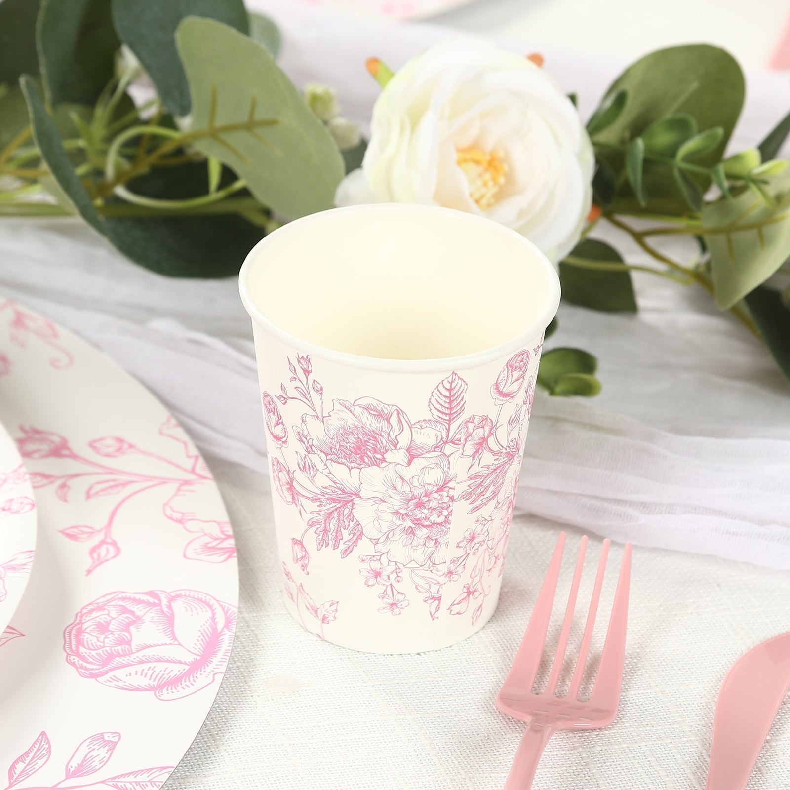 24 - Pack Paper Cups in White with Pink French Toile Print - Stylish Disposable Floral Party Cups for Weddings & All Purpose Use 9oz - Bell Racket Store