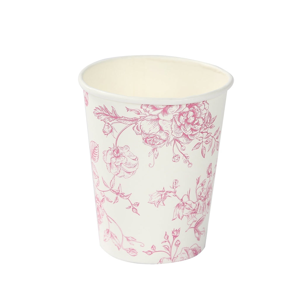 24 - Pack Paper Cups in White with Pink French Toile Print - Stylish Disposable Floral Party Cups for Weddings & All Purpose Use 9oz - Bell Racket Store
