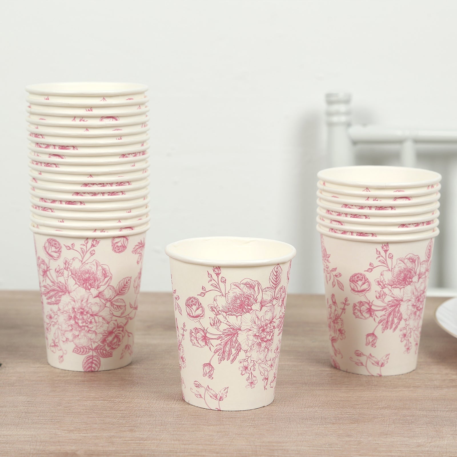 24 - Pack Paper Cups in White with Pink French Toile Print - Stylish Disposable Floral Party Cups for Weddings & All Purpose Use 9oz - Bell Racket Store