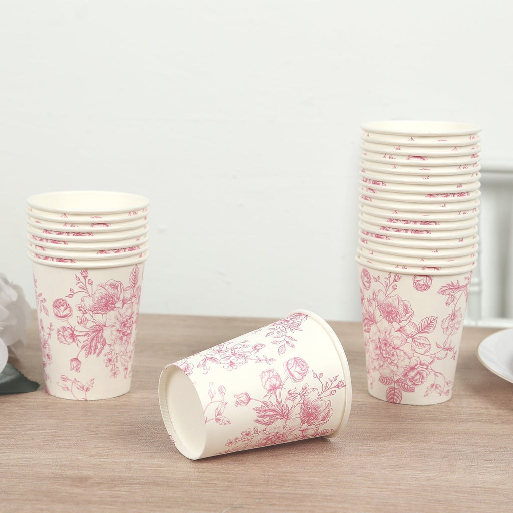 24 - Pack Paper Cups in White with Pink French Toile Print - Stylish Disposable Floral Party Cups for Weddings & All Purpose Use 9oz - Bell Racket Store