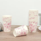 24 - Pack Paper Cups in White with Pink French Toile Print - Stylish Disposable Floral Party Cups for Weddings & All Purpose Use 9oz - Bell Racket Store