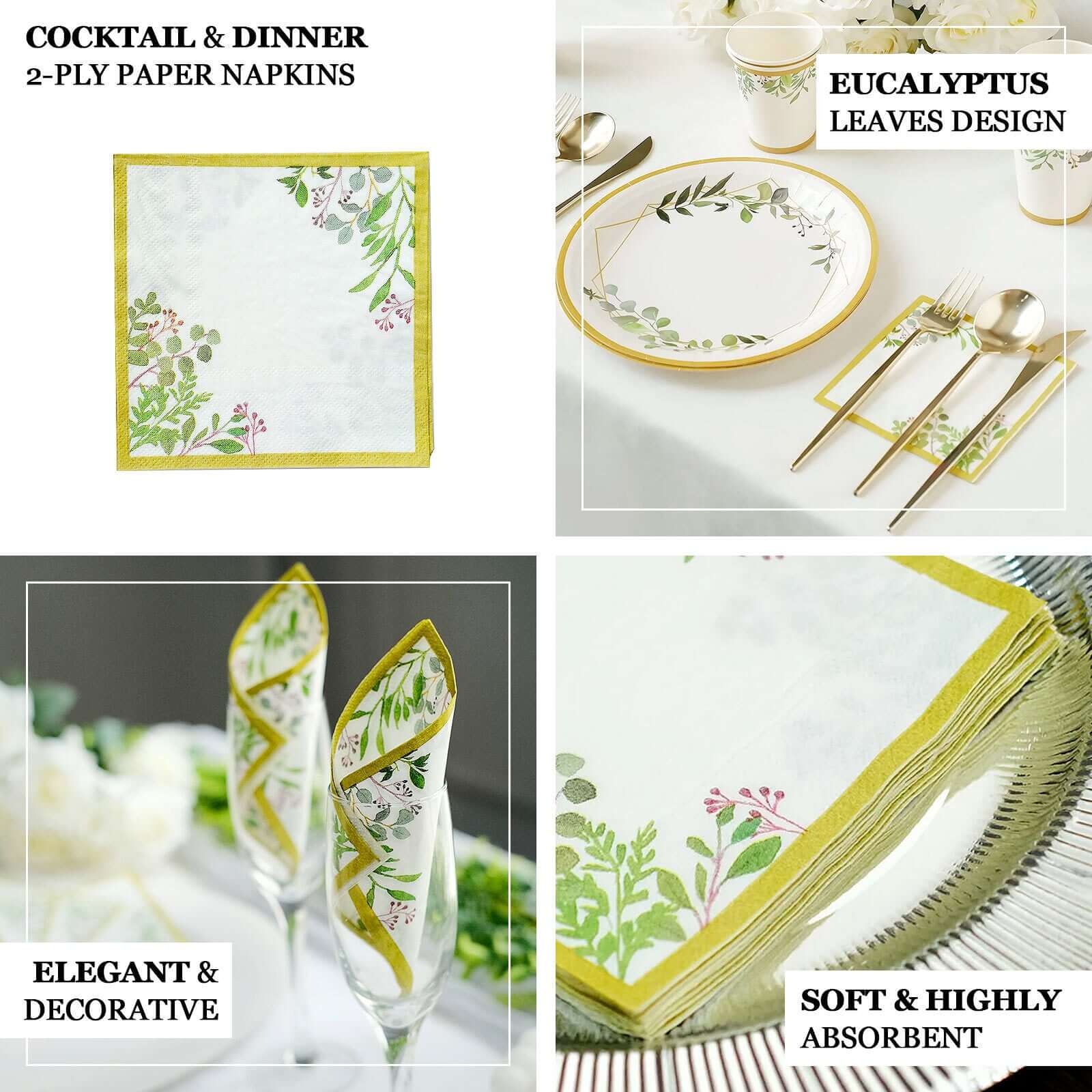 24 - Pack Paper Dinner Napkins with Eucalyptus Design White Tropical Greenery 2 Ply - Soft 18GSM Wedding Cocktail Napkins 5" - Bell Racket Store