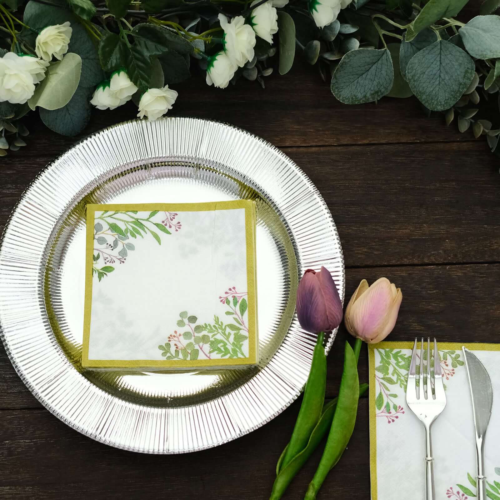 24 - Pack Paper Dinner Napkins with Eucalyptus Design White Tropical Greenery 2 Ply - Soft 18GSM Wedding Cocktail Napkins 5" - Bell Racket Store