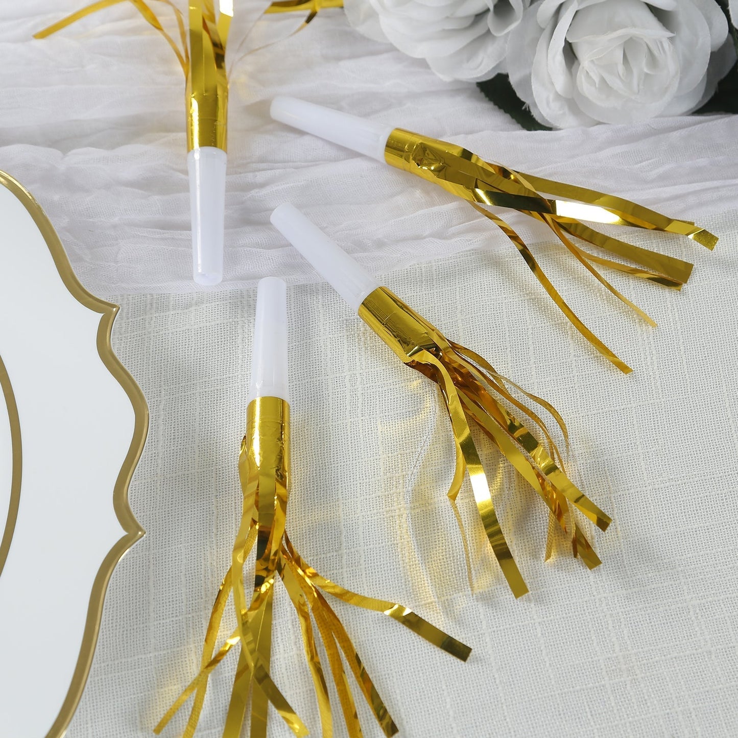 24 Pack Party Horn Noisemakers with Tassels - 7" Gold Metallic Fringed Blowouts for Events and Gatherings - Plastic & Foil Design - Bell Racket Store