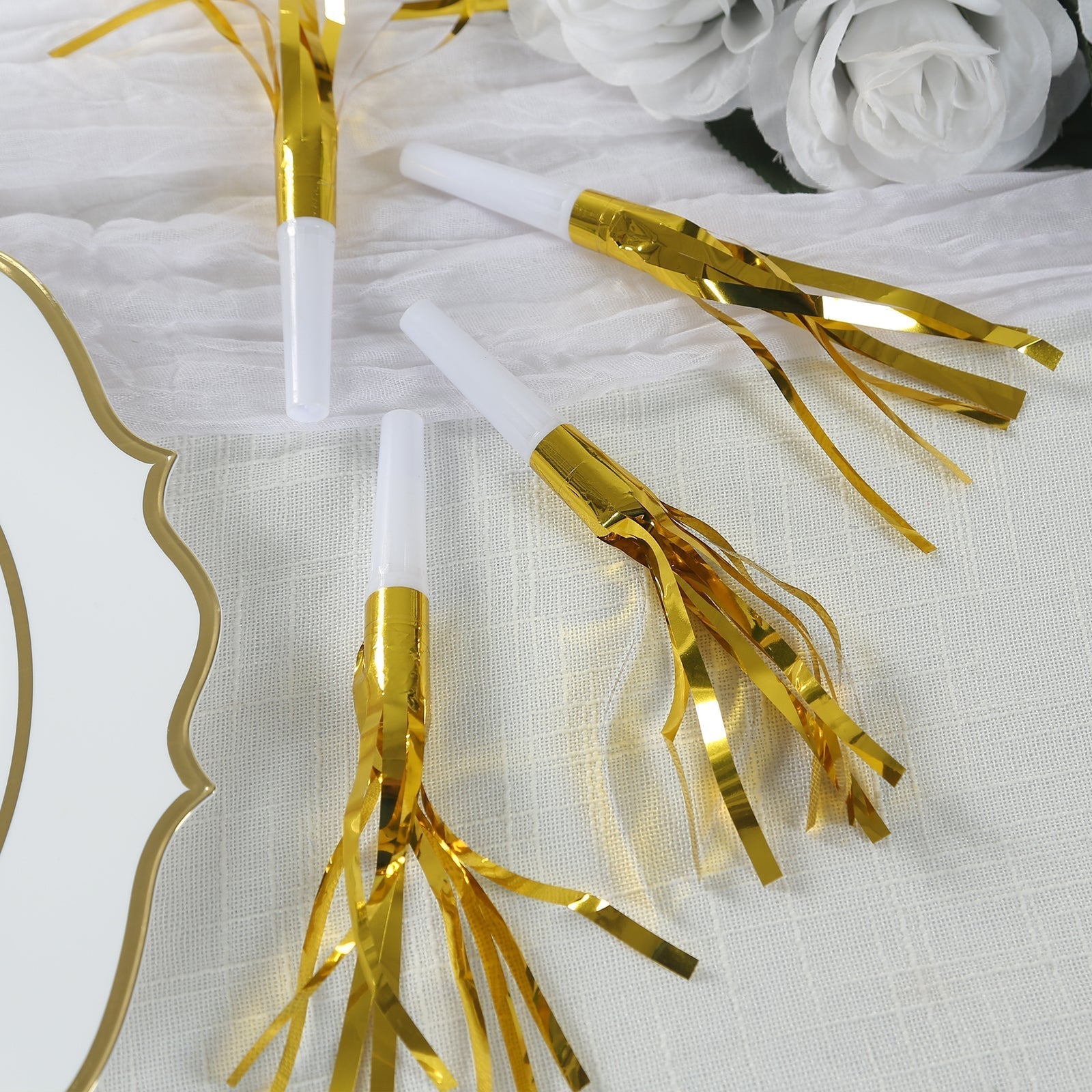 24 Pack Party Horn Noisemakers with Tassels - 7" Gold Metallic Fringed Blowouts for Events and Gatherings - Plastic & Foil Design - Bell Racket Store