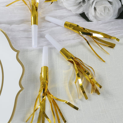 24 Pack Party Horn Noisemakers with Tassels - 7" Gold Metallic Fringed Blowouts for Events and Gatherings - Plastic & Foil Design - Bell Racket Store
