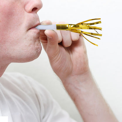 24 Pack Party Horn Noisemakers with Tassels - 7" Gold Metallic Fringed Blowouts for Events and Gatherings - Plastic & Foil Design - Bell Racket Store