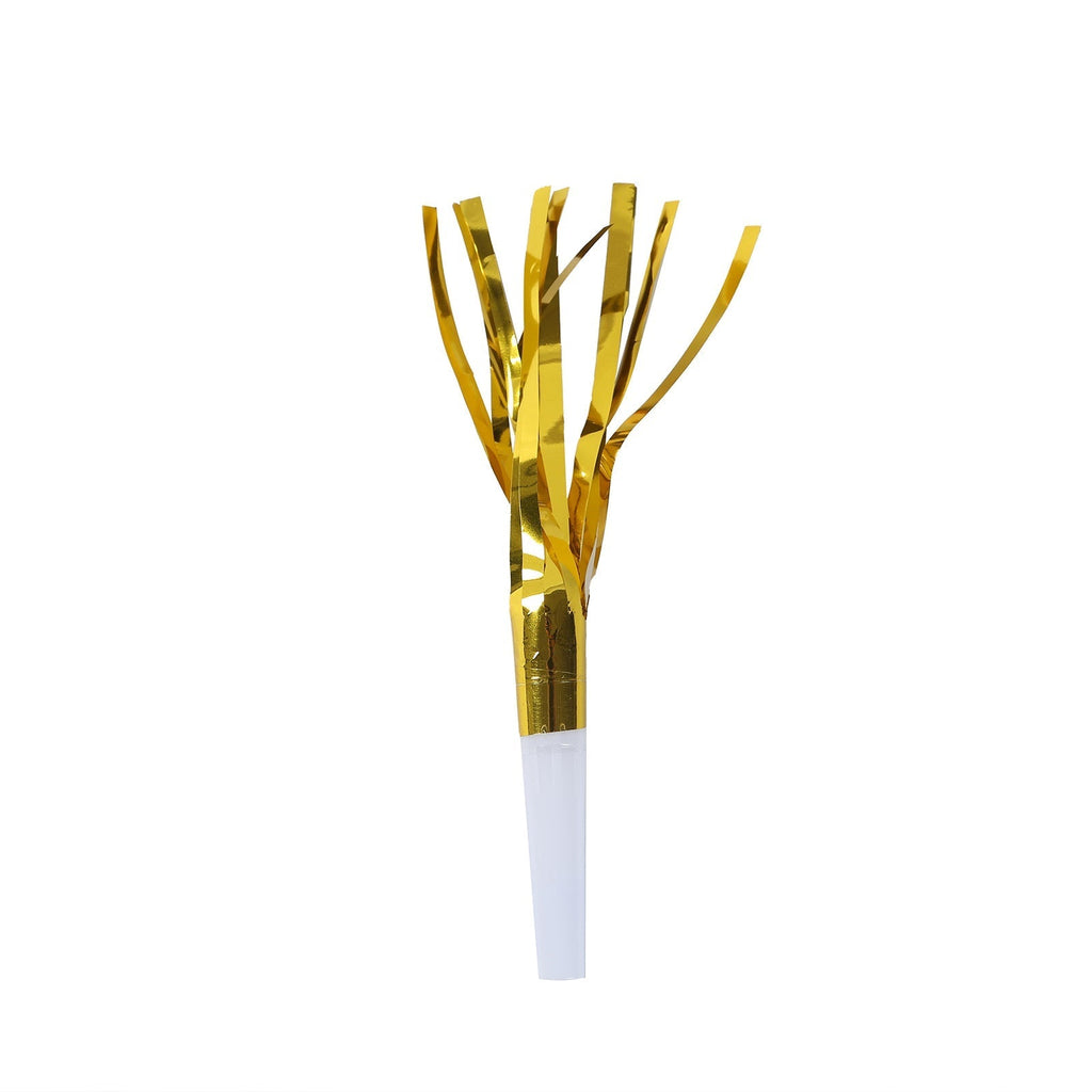24 Pack Party Horn Noisemakers with Tassels - 7" Gold Metallic Fringed Blowouts for Events and Gatherings - Plastic & Foil Design - Bell Racket Store