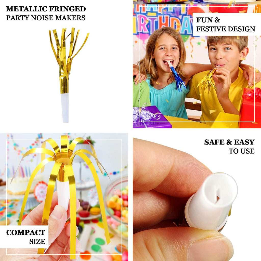 24 Pack Party Horn Noisemakers with Tassels - 7" Gold Metallic Fringed Blowouts for Events and Gatherings - Plastic & Foil Design - Bell Racket Store