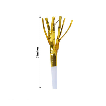 24 Pack Party Horn Noisemakers with Tassels - 7" Gold Metallic Fringed Blowouts for Events and Gatherings - Plastic & Foil Design - Bell Racket Store