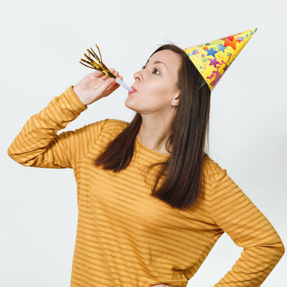 24 Pack Party Horn Noisemakers with Tassels - 7" Gold Metallic Fringed Blowouts for Events and Gatherings - Plastic & Foil Design - Bell Racket Store