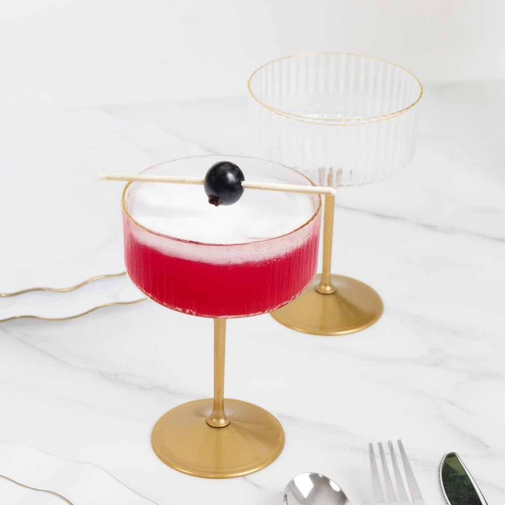 24 - Pack Plastic Cocktail Glasses â€“ 10oz Clear Ribbed Premium Disposable Coupe Champagne Cups with Gold Detachable Stem & Base â€“ Party & Event Drinkware - Bell Racket Store