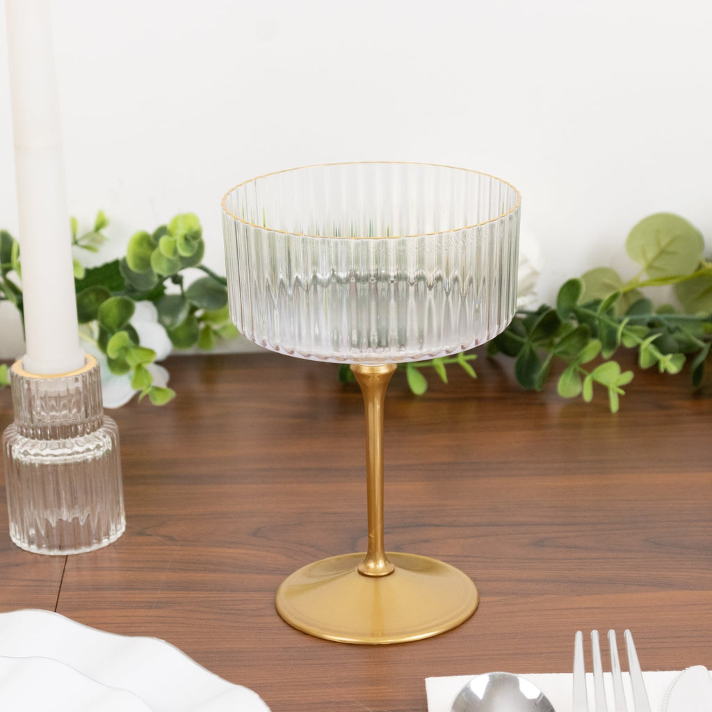 24 - Pack Plastic Cocktail Glasses â€“ 10oz Clear Ribbed Premium Disposable Coupe Champagne Cups with Gold Detachable Stem & Base â€“ Party & Event Drinkware - Bell Racket Store