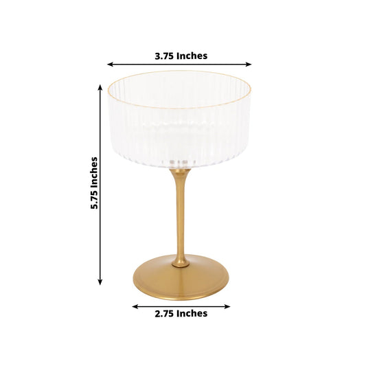 24 - Pack Plastic Cocktail Glasses â€“ 10oz Clear Ribbed Premium Disposable Coupe Champagne Cups with Gold Detachable Stem & Base â€“ Party & Event Drinkware - Bell Racket Store
