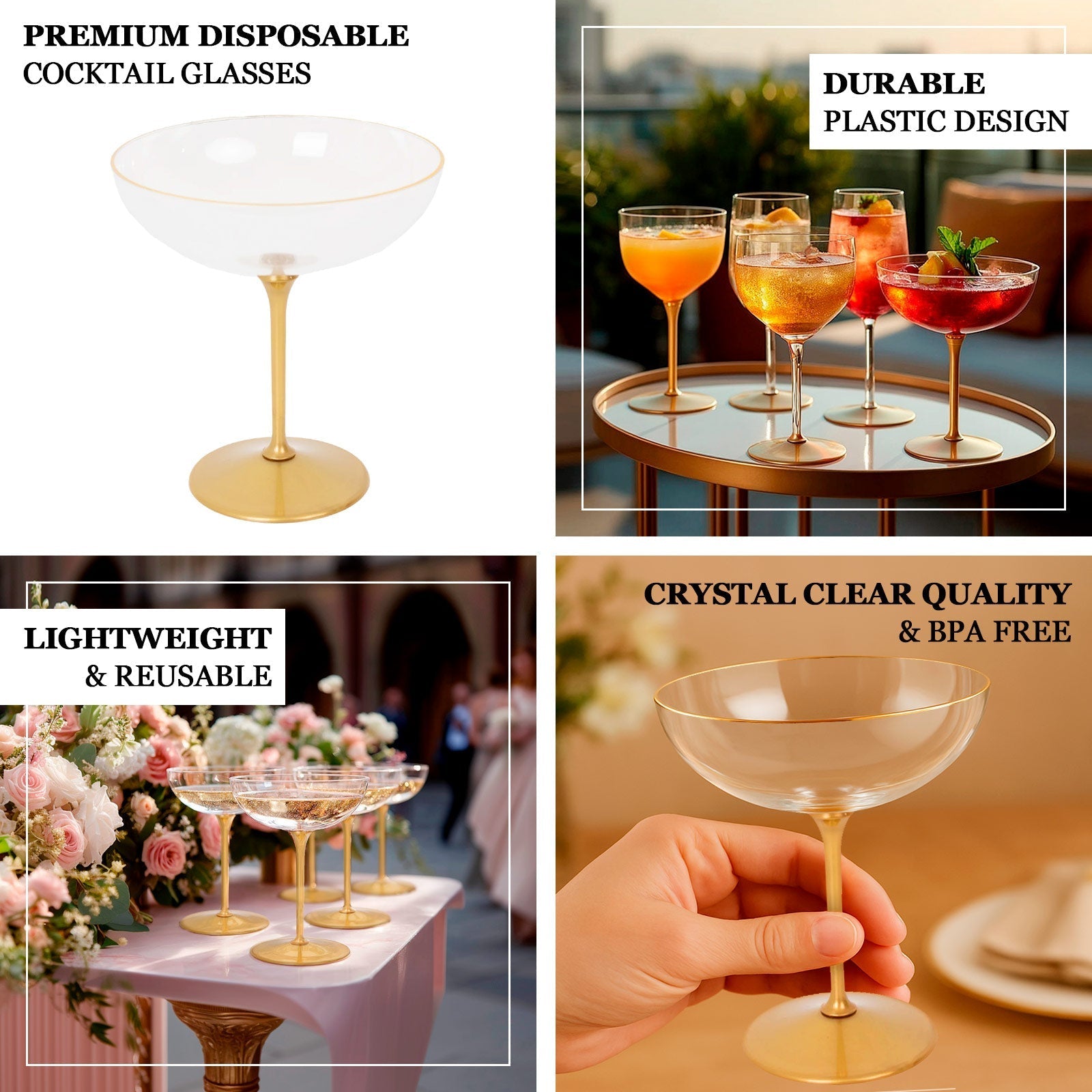 24 - Pack Plastic Cocktail Glasses â€“ 9oz Clear Premium Disposable Coupe Champagne Cups with Gold Detachable Stem & Base â€“ Party & Event Drinkware - Bell Racket Store