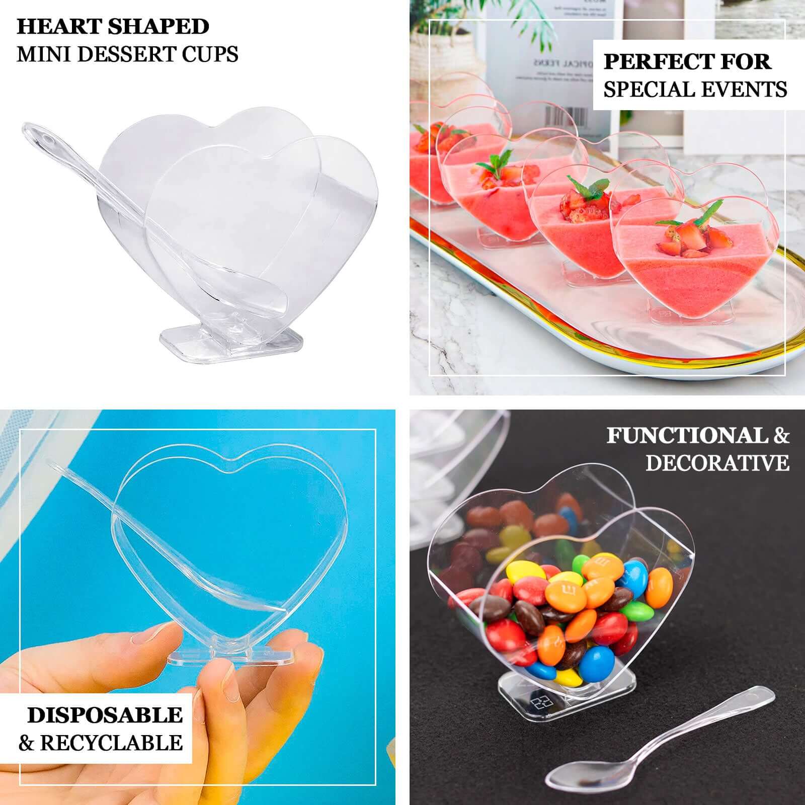 24 - Pack Plastic Dessert Parfait Cups Heart - Shaped Clear with Spoons - Reusable and Disposable 2oz - Bell Racket Store