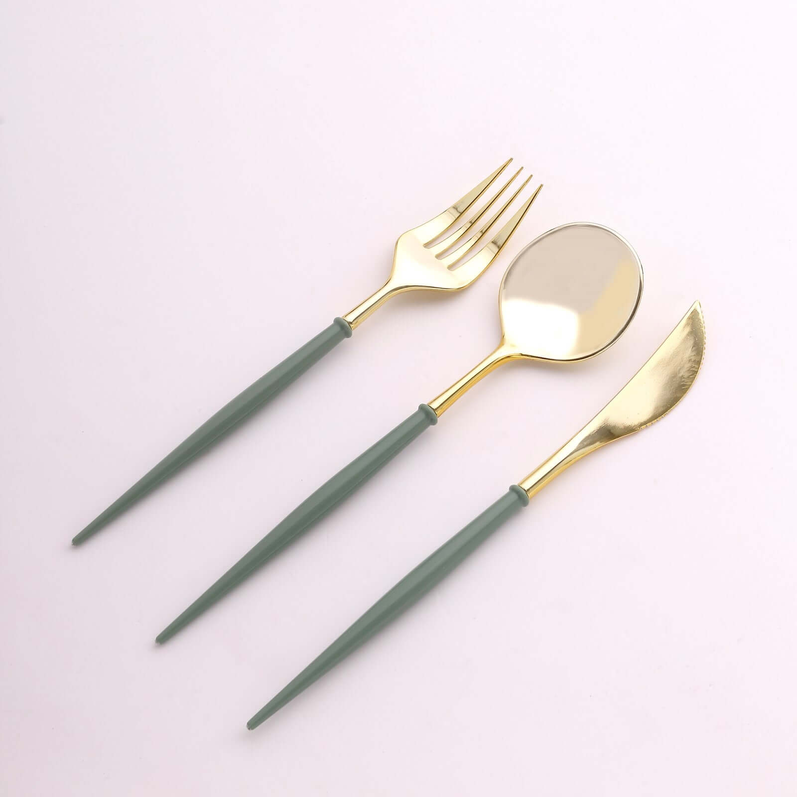 24 - Pack Plastic Flatware Set in Metallic Gold with Dusty Sage Green Handle - Heavy Duty Disposable Modern Silverware 8" - Bell Racket Store
