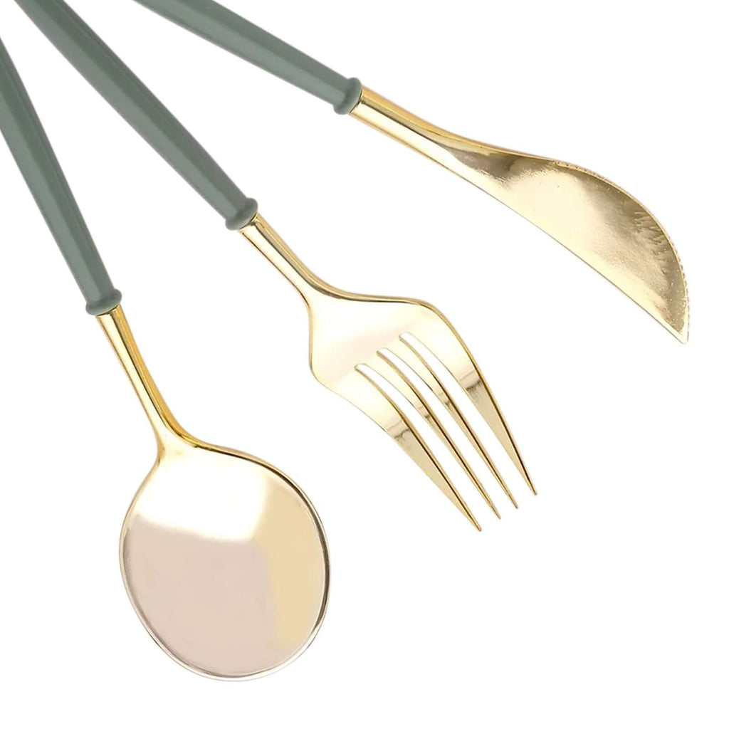 24 - Pack Plastic Flatware Set in Metallic Gold with Dusty Sage Green Handle - Heavy Duty Disposable Modern Silverware 8" - Bell Racket Store