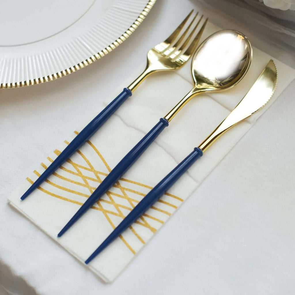 24 - Pack Plastic Flatware Set in Metallic Gold with Royal Blue Handle - Heavy Duty Disposable Modern Silverware 8" - Bell Racket Store