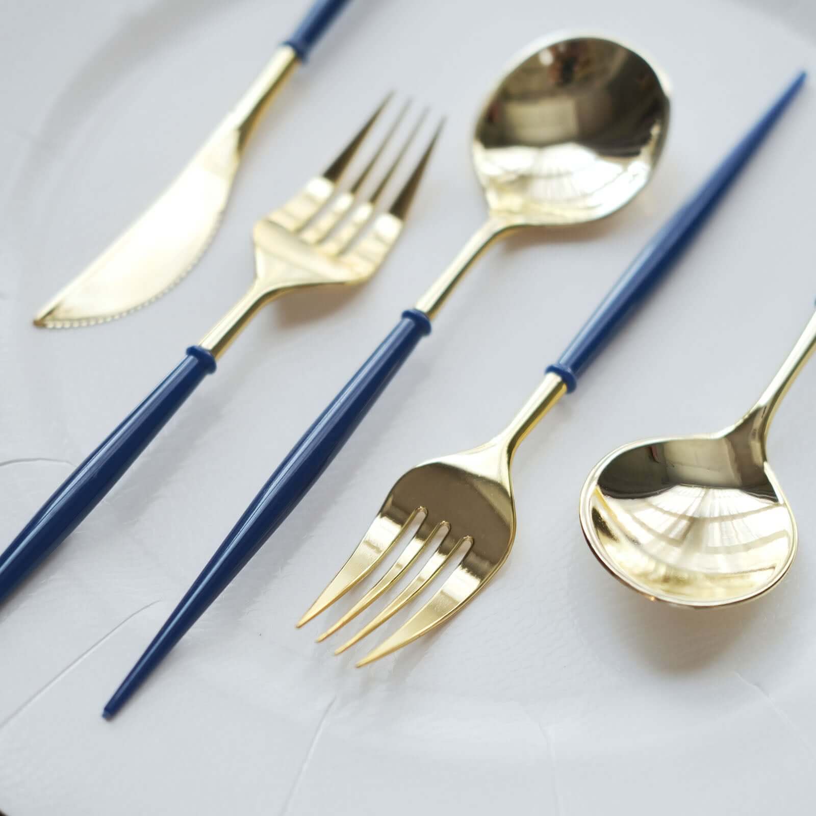 24 - Pack Plastic Flatware Set in Metallic Gold with Royal Blue Handle - Heavy Duty Disposable Modern Silverware 8" - Bell Racket Store