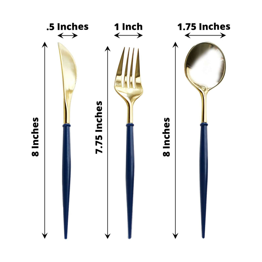 24 - Pack Plastic Flatware Set in Metallic Gold with Royal Blue Handle - Heavy Duty Disposable Modern Silverware 8" - Bell Racket Store