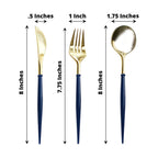 24 - Pack Plastic Flatware Set in Metallic Gold with Royal Blue Handle - Heavy Duty Disposable Modern Silverware 8" - Bell Racket Store