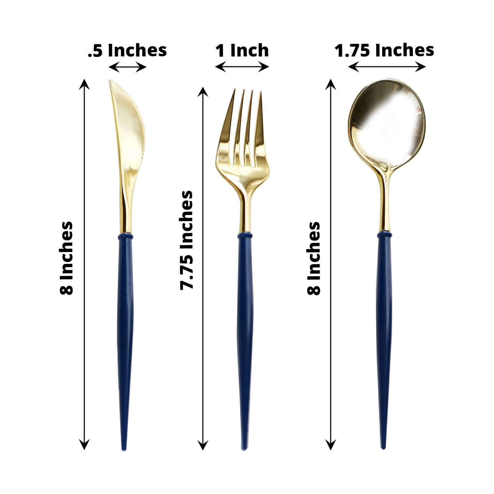 24 - Pack Plastic Flatware Set in Metallic Gold with Royal Blue Handle - Heavy Duty Disposable Modern Silverware 8" - Bell Racket Store
